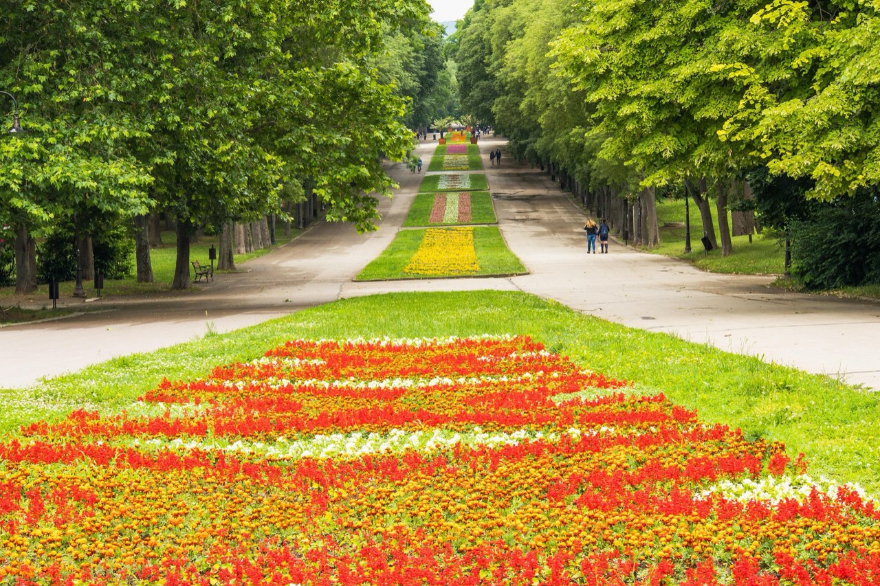 Le Jardin maritime de Varna, ses parterres fleuris et son allée bordée d'arbres